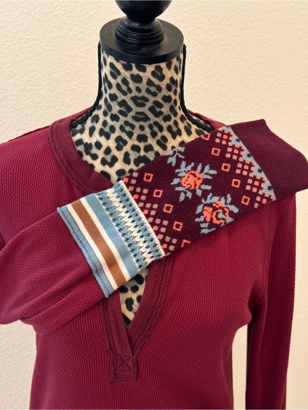 Free People Burgundy Mikah Layering Long Sleeve Henley with Patterned Cuffs - Picture 6 of 6